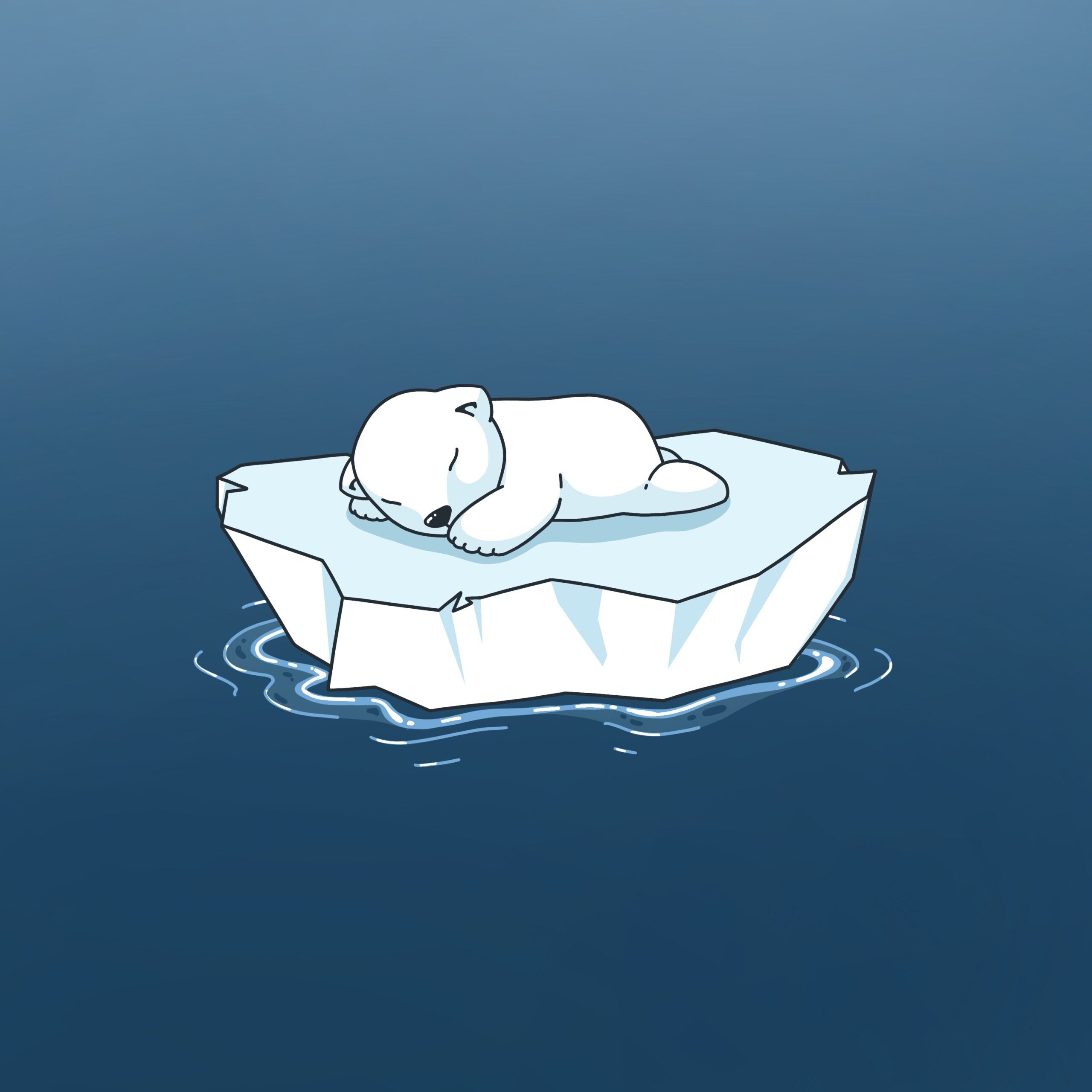 Digital drawing of a cartoony polar bear sleeping on a block of ice in a calm ocean