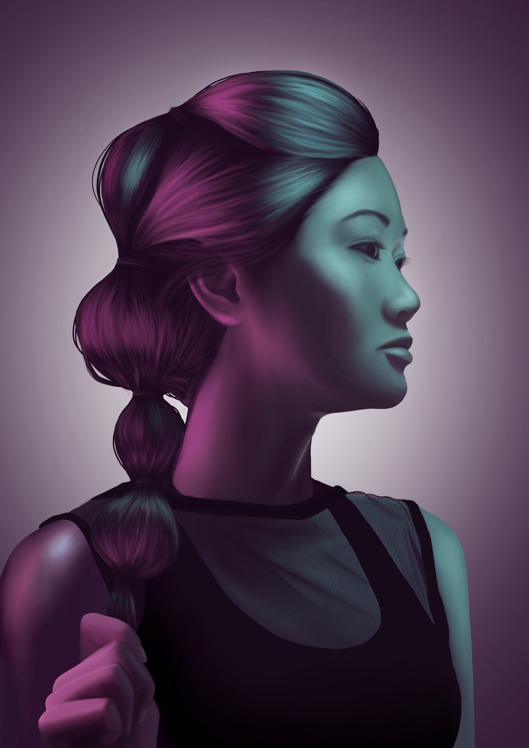 Digital drawing in realistic style of a woman in teal and purple lighting.