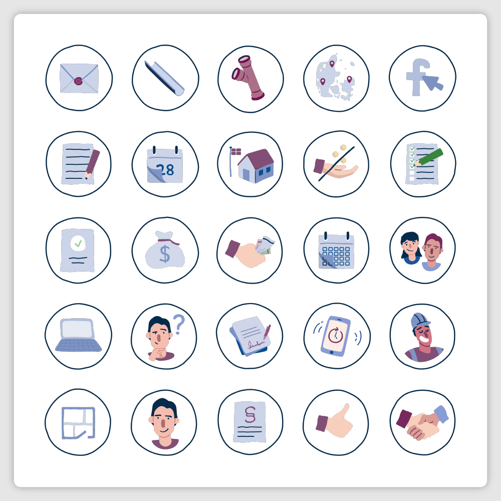 A collection of different icons in style matching 3byggetilbud.dk