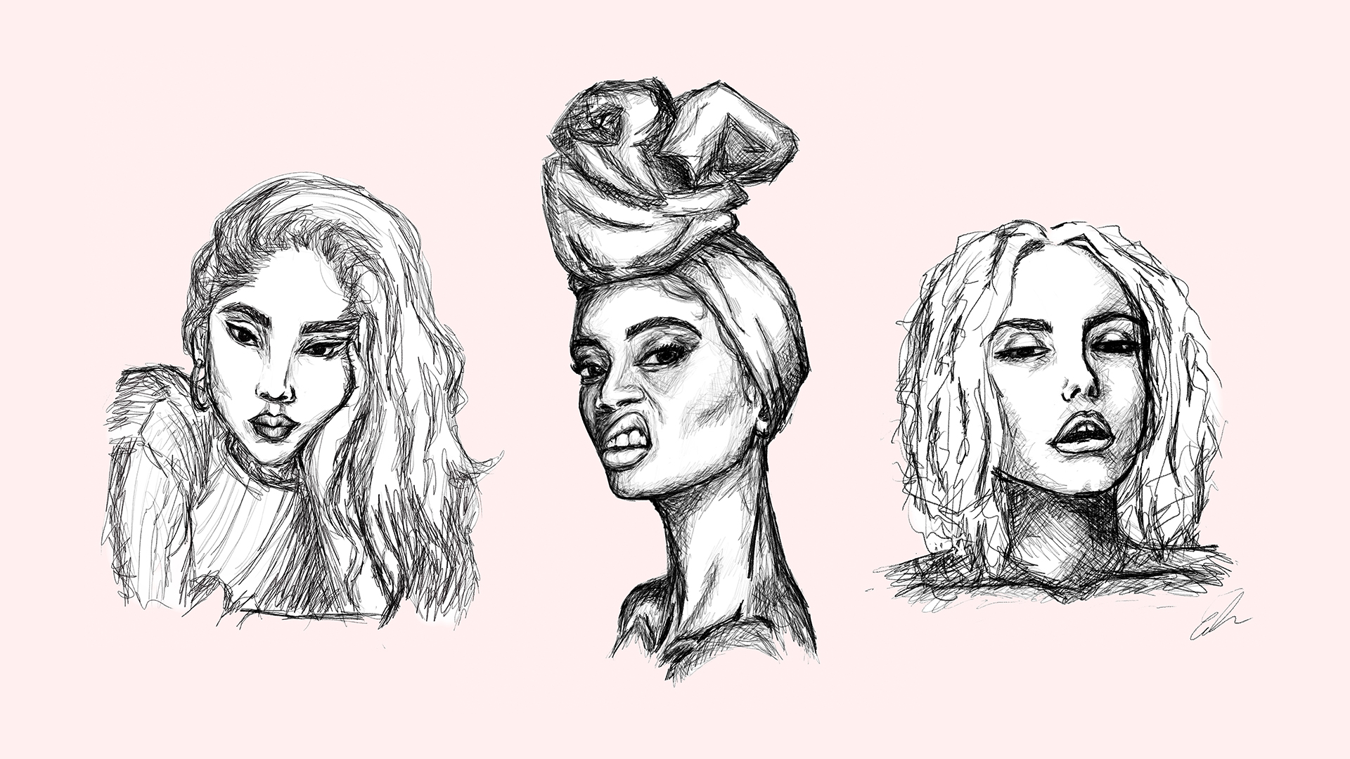 Digital drawing of three women in pencil style.